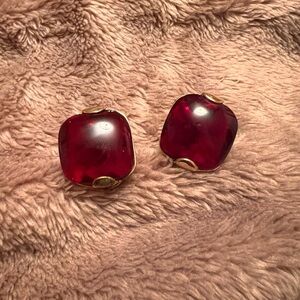 VINTAGE Clip-On Gold Earrings With Large Square Ruby Red Diamonds